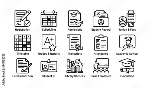 Education icons: registration, scheduling, admissions, student records