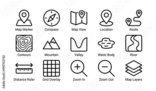 Map icons: compass, location, route, mountain, river, valley, zoom, grid, layers