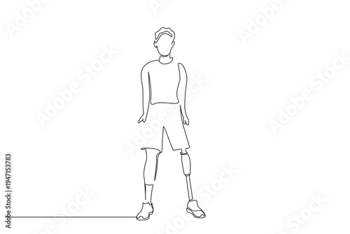 Amputee Man with Bionic Leg with Prosthetic Leg Standing One Line Art vector Design