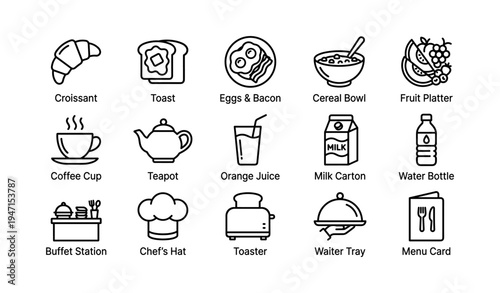 Breakfast icons set: croissant, toast, eggs, cereal, fruit, coffee, kitchenware