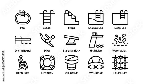 Pool equipment icons: ladder, steps, diving board, lifeguard gear and more