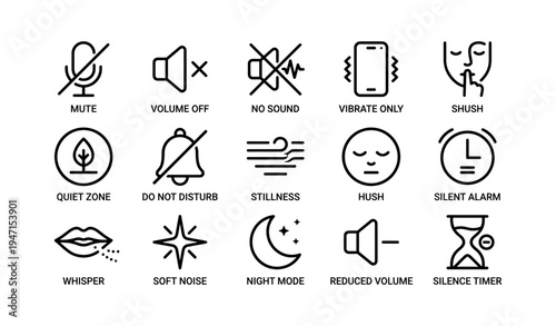 Silence and sound control icons featuring mute volume off and quiet zone symbols