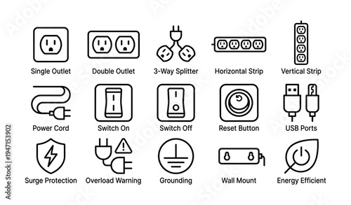 Various electrical outlets and switches icons with power and safety symbols