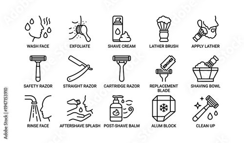 Illustrated shaving routine with tools and skincare steps