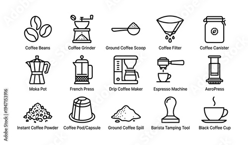 Coffee preparation tools icons: grinder, filter, moka pot, espresso machine, french press