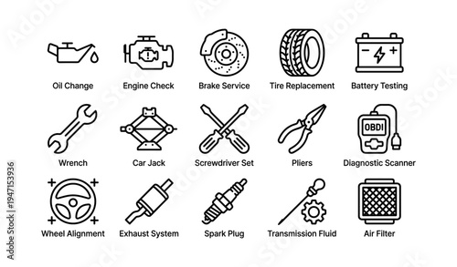 Complete car maintenance icons set for routine vehicle servicing