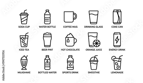 Line icons of various beverage containers including water bottle and coffee mug