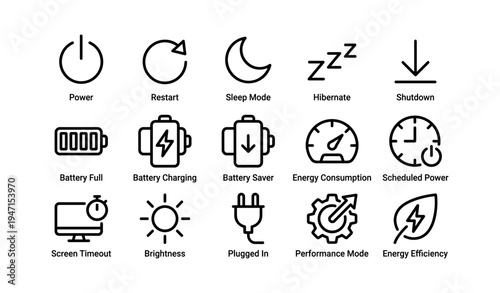 Computer power and battery icons highlighting energy efficiency and settings