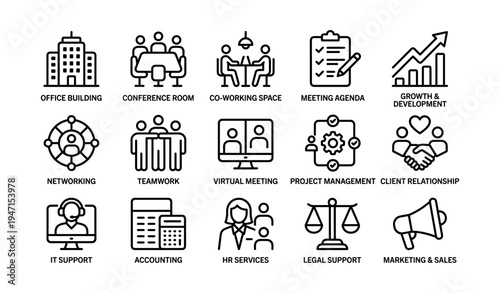 Business icons representing office building, co-working, virtual meeting, and project management