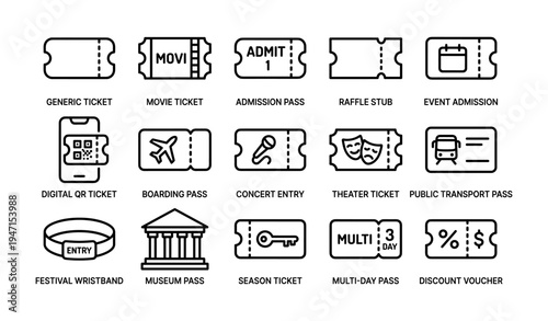 Icon set featuring various ticket types for events and transportation