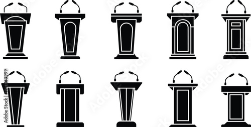 Collection of ten black podiums with microphones in a grid layout lectern rostrum