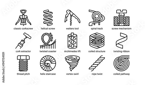 Various corkscrew designs and spiral structures in black and white icons
