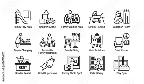 Family facilities and activities icons for parks and public spaces