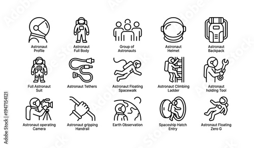 Various astronaut activities and equipment illustrations
