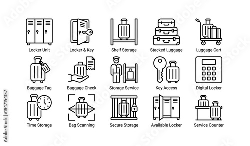 Icons of luggage storage, locker units, and baggage services illustrated