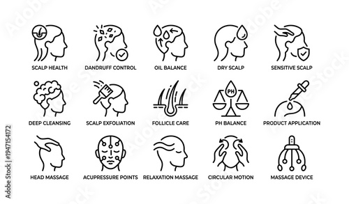 Hair and scalp care icons for health, balance, and relaxation