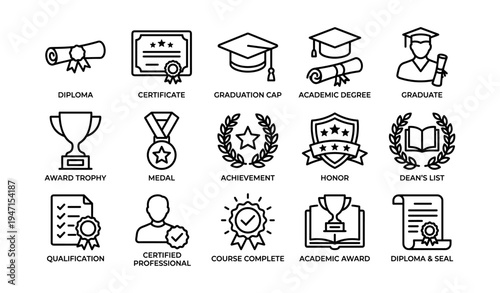 Education achievement icons: diplomas, awards, caps, and medals in outline style