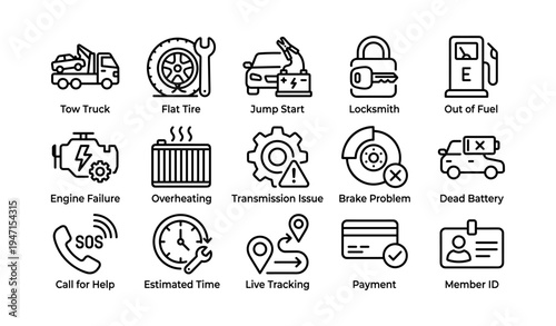 Car assistance icons: tow truck, flat tire, jump start, dead battery, and more