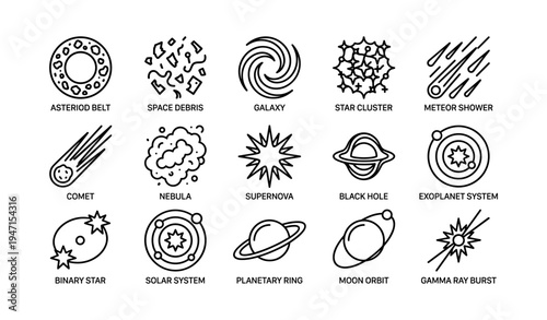 Galactic symbols featuring asteroids, galaxies, and space phenomena icons