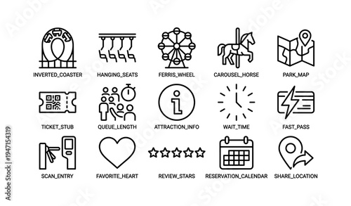 Amusement park icons: coaster, ferris wheel, carousel, map, fast pass, ticket, queue info