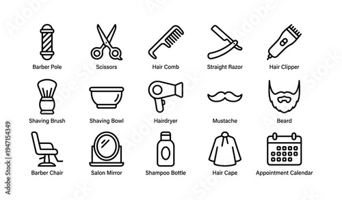 Barber shop tools and accessories icons set in black and white