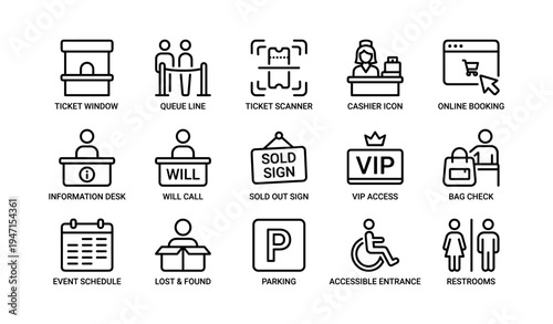 Event symbols set including ticket window queue and accessible entrance icons