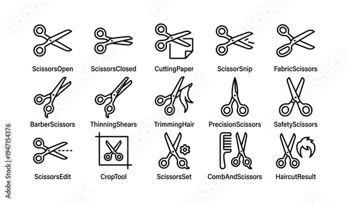 Various types of scissors icons for haircutting, crafting, and precision tasks
