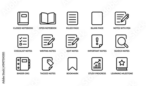 Notebook and notes icons set: organization, annotation, study tools
