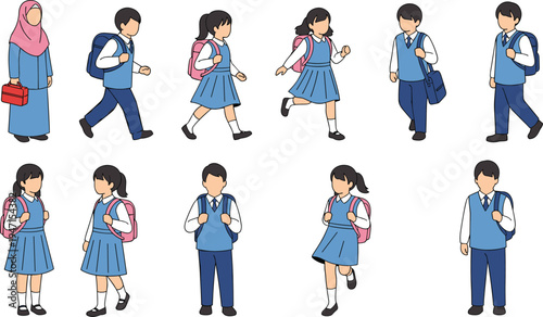 Collection of School Students Walking with Backpacks in Uniform, Diverse Kids Characters Going to School, Education Lifestyle Cartoon Vector Illustration Set