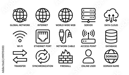 Technology icons featuring network, internet, server, and data cloud symbols