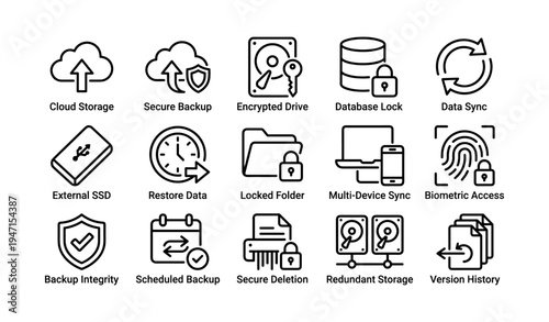 Cloud storage security icons: backup, encryption, sync, access, database