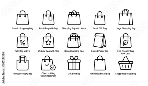 Variety of shopping bag icons including shopping, gift, eco-friendly, and grocery bags