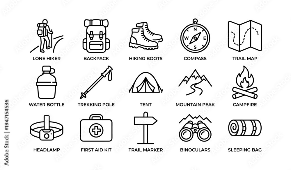 Fototapeta premium Essential hiking gear icons: backpack, compass, tent, boots, map, and more