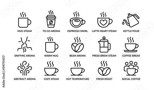 Coffee icons set featuring mugs, espresso, latte, and fresh roast aroma designs