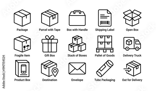 Icons of packages and shipping: boxes, labels, and delivery elements