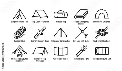 Survival and camping gear icons: tents, knots, and emergency tools