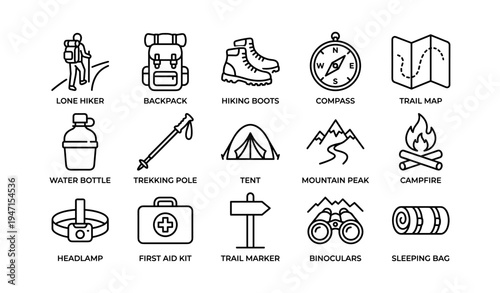 Essential hiking gear icons: backpack, compass, tent, boots, map, and more