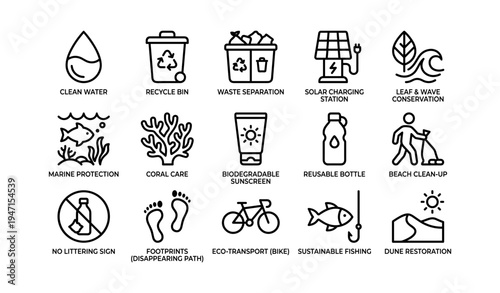 Environmental sustainability icons: waste recycling and marine conservation