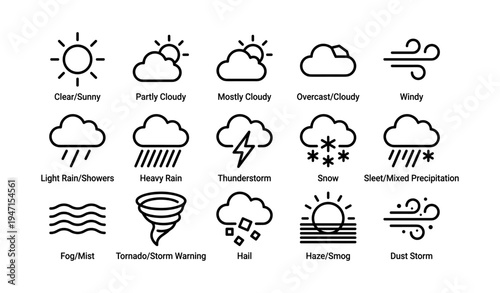 Weather icons set with various conditions including sun, clouds, and storms