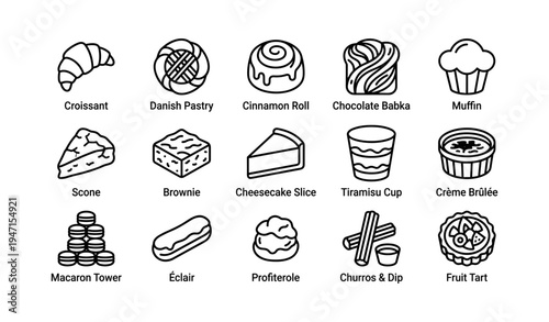 Assorted bakery icons: croissant, danish, cinnamon roll, muffin, macaron, brownie