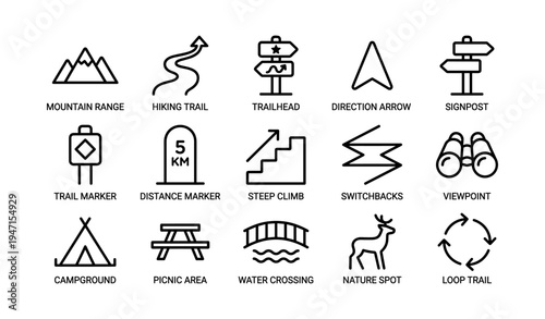 Hiking trail icons with markers and symbols for outdoor enthusiasts