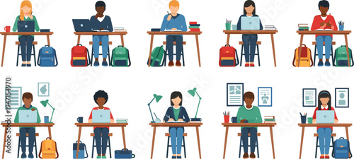 Diverse Students Sitting at Desks with Laptops, Books, and Backpacks for Online Learning, Education, and Study Illustrations