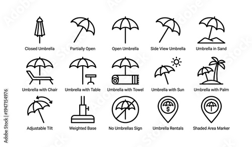 Umbrella icons: closed, open, partially open, sand, chair, table, towel, sun, palm, adjust tilt, weighted base, no sign, rentals, shaded marker