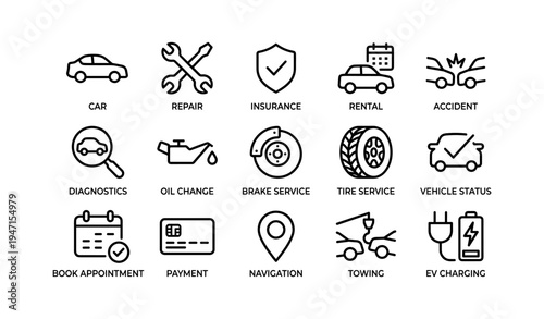 Car maintenance and services icons: repair, insurance, rental, ev charging