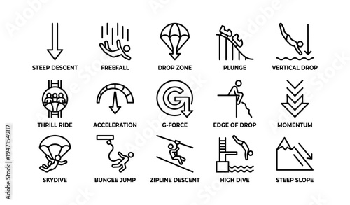 Extreme sports icons: descent, freefall, parachute, thrill, momentum