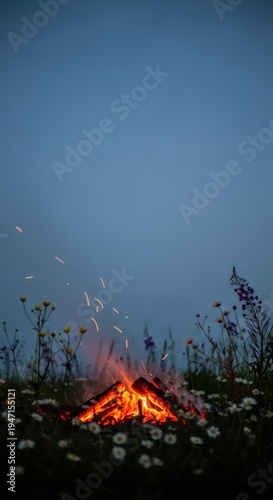 Campfire burning in field with wildflower at twilight. Glowing wood logs with sparks flying in evening air. Summer adventure, travel, relax and outdoor activity concept in nature.