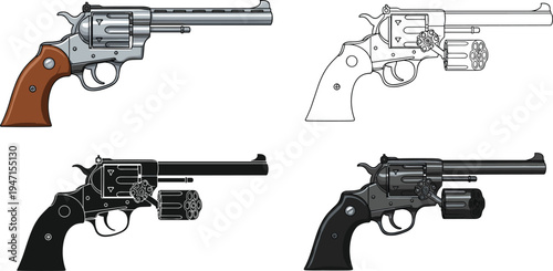 Vintage revolver handgun set illustration, classic six shooter pistol weapon collection isolated vector drawing detailed antique firearm design western style