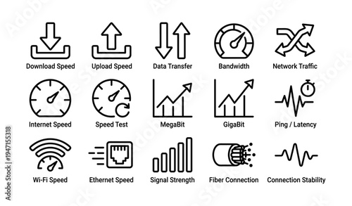 Internet speed and connectivity icons: download, upload, bandwidth, network traffic, connection stability