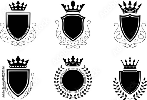 Black Heraldic Shields with Crowns and Decorative White Background crest emblem