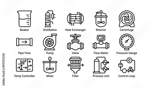 Industrial equipment icons: beaker, distillation, heat exchanger, reactor, centrifuge, pump, valve